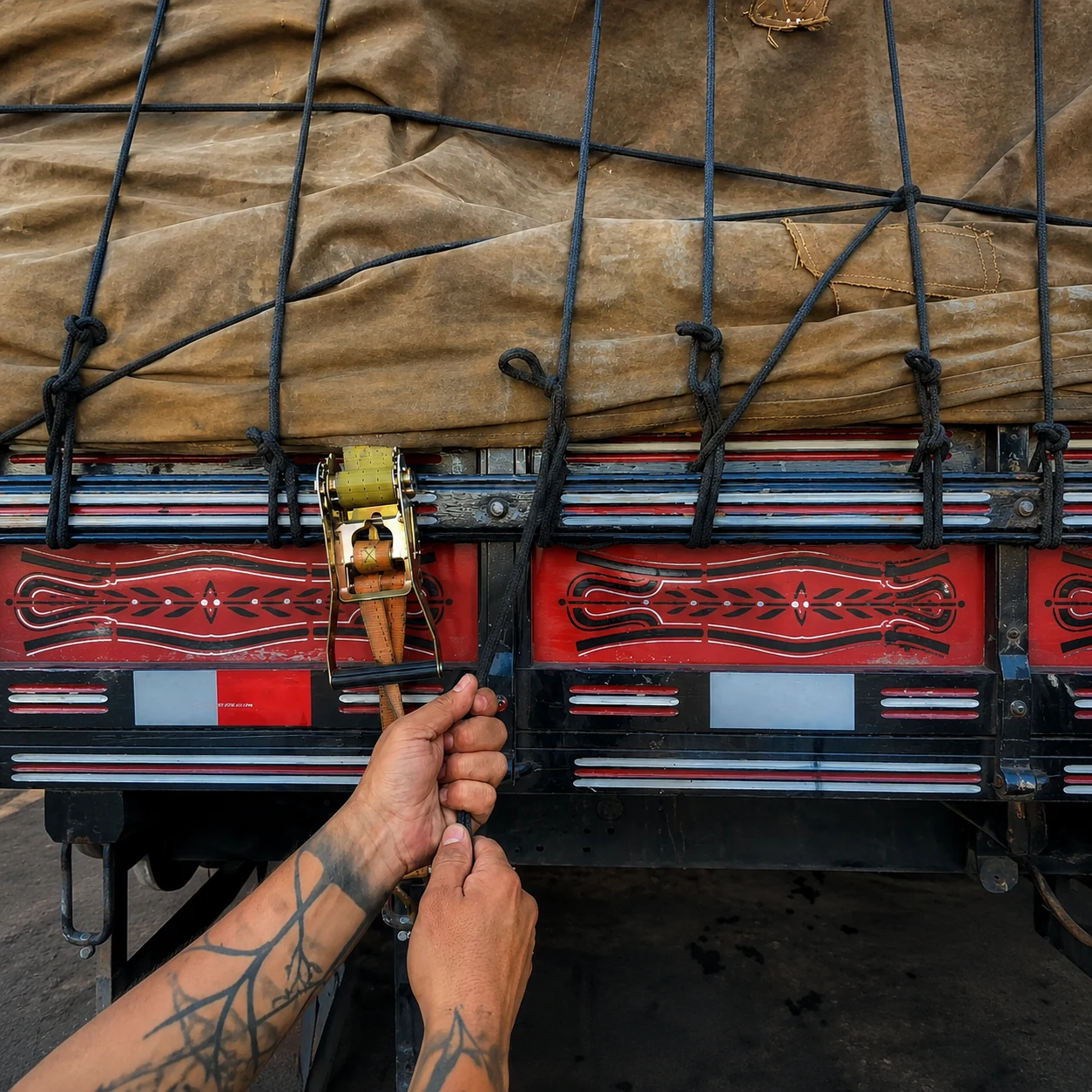 Carga presa com cordas durante o transporte